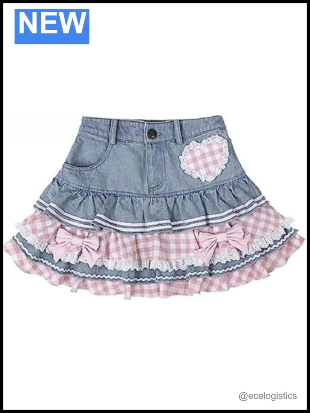 Preppy Lolita Denim High Waist Mini Skirt Kawaii Gingham Heart Lace Bow